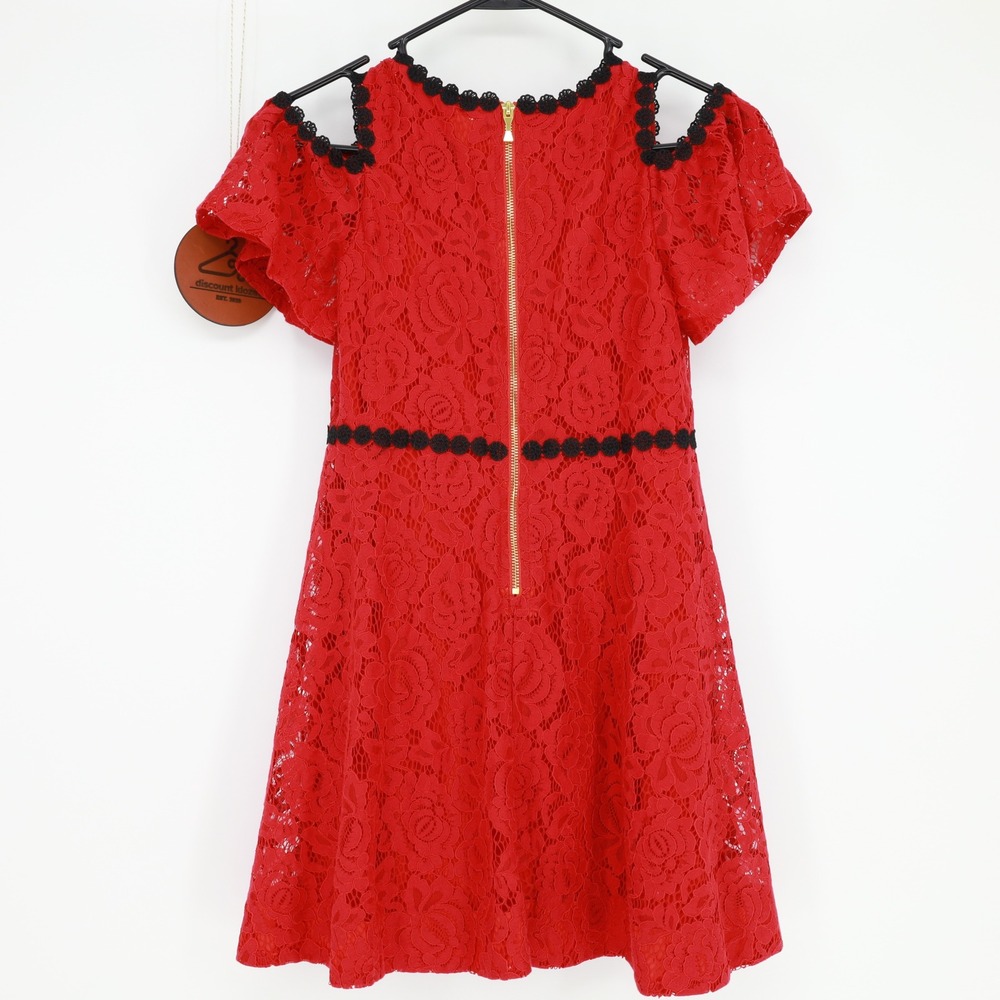 Kate Spade Girls‎ Red Floral Lace Cold Shoulder Dress Black Trim Size 12 Elegant - Picture 2 of 9